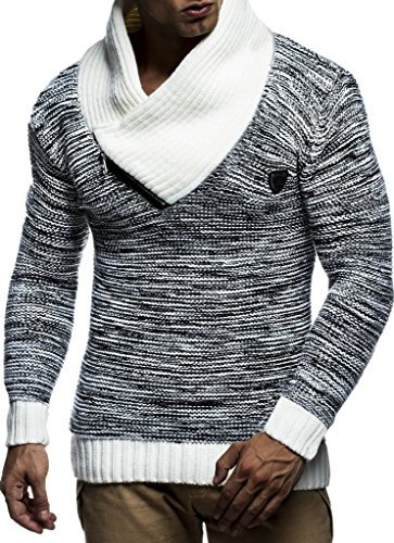 Leif Nelson Herren Strick-Pullover Schalkragen Slim Fit Winter Sommer Moderner Männer schwarzer Pulli T-Shirt Langarm mit Kragen Herren Hoodie-Wollpullover LN7060N Schwarz-Ecru Large