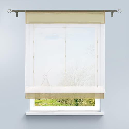 HongYa Bändchenrollo Tunnelzug Raffrollo transparenter Voile Raffgardine Vorhang H/B 100/80 cm Sand
