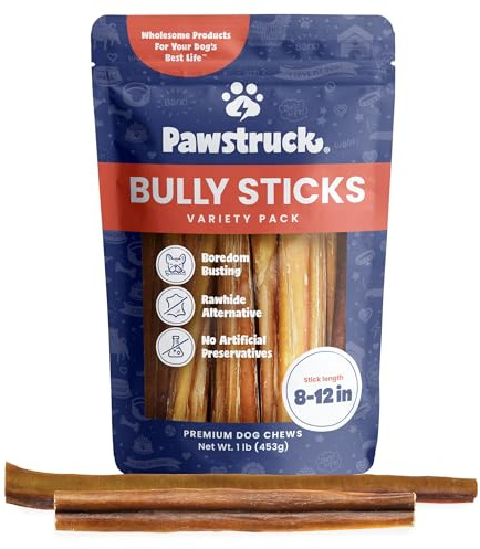 Pawstruck Natural 8–12 Bully Sticks for Dogs – Long-Lasting, Rawhide-Free, Low-Odor, Grain-Free Dental Chew Treat – Single Ingredient, 100% Real Beef – 1 lb Bag – Packaging May Vary