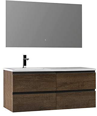 StoneArt Badmöbel-Set mit Mineralguss Waschbecken und Unterschrank und LED Spiegel Touch-Sensor Waschtisch als Einzel- oder Doppelwaschbecken Monte Carlo MC-1210 eiche dunkel 120cm links