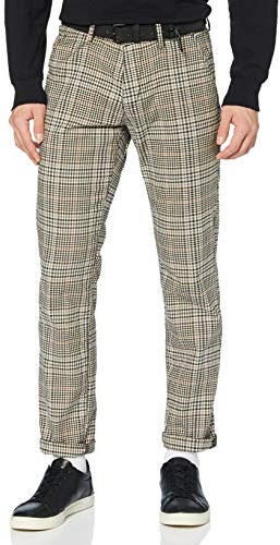 TOM TAILOR Denim Herren Straight Fit Chino Hose mit Gürtel, 24431 - Brown Beige Check, 29W / 32L