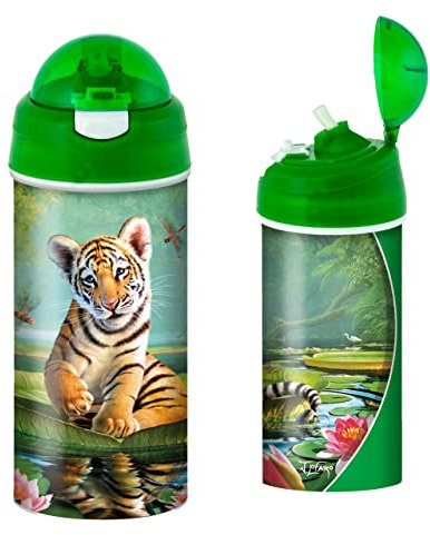 3D LiveLife Drinking Bottle - Tiger Lily from Deluxebase. 3D Lenticular Big Cat Water Bottle with Straw. 600ml kids drinks bottle with original artwork from renowned artist, Jerry LoFaro
