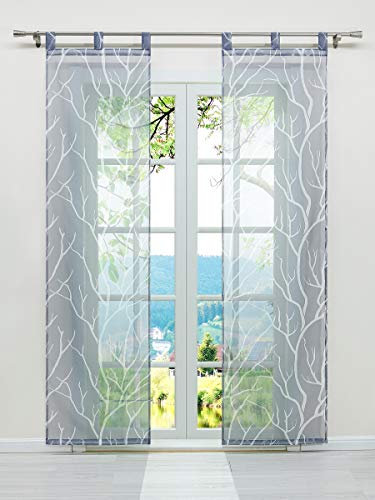 ESLIR Schiebegardinen Set 2er Flächenvorhänge Gardinen mit Schlaufen Schiebevorhang Transparent Schlaufenschal mit Zweige Muster Voile Grau BxH 57x145cm 2 Stück