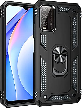 Dedux Coque Compatible avec Xiaomi Redmi 9T [Tough Armor Series] Robuste Anti-Scratch PC arrière Panneau + Pare-Chocs TPU étanche aux Chocs + parenthèse Pliable. Noir