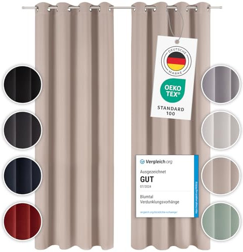 Blumtal Verdunklungsvorhänge 2er Set - Thermovorhang Hitzeschutz - Vorhang Blickdicht mit Ösen - Gardinenschals mit Schlaufen - Gardinen 215x132cm - Gardienenschalset 2er - Blackout Vorhang Taupe