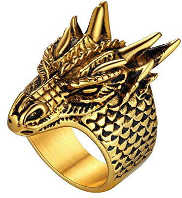 U7 Herren Statement Ring mit Lóng Motiv 18k vergoldet Chinesische Drache Großer Ring Hip Hop Street Style Modeschmuck Accessoire für Biker Rapper(Ring Größe 64)