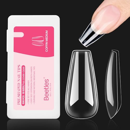 Beetles Faux Ongles 500pcs Moyen Coffin, Acrylique Capsules Ongles Préformé Full Cover Soft Transparent Pose Ongle Avec Valise De Rangement en 10 Tailles, Medium Coffin