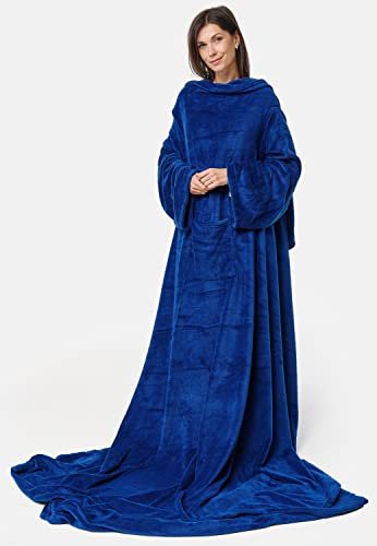 made2trade Weiche Kuscheldecke mit Ärmeln, Bauchtasche und Handyfach - aus fedeleichtem Coral-Fleece - Marine - Gr. 150x180cm