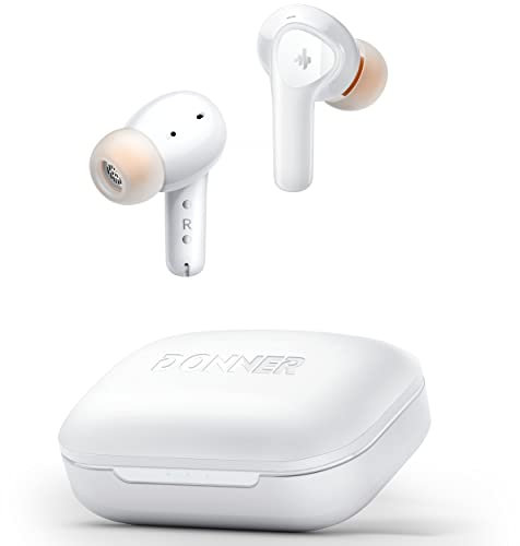 Donner Bluetooth Kopfhörer mit Geräuschunterdrückung, In Ear Kopfhörer kabellos mit 12mm Audiotreiber, intensiver Bass, Noise Cancelling Kopfhörer mit 4 Mikrofone, 32 Std Akku, Bluetooth 5.2, Weiß