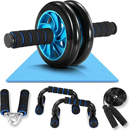 Bauchtrainer, Bauchtrainer für Zuhause, 5-in-1 AB Bauchtrainer Roller, mit Liegestützgriffe Springseil Handtrainer Kniematte, Bauchroller Bauchmuskeltrainer, für Anfänger und Fachfrau