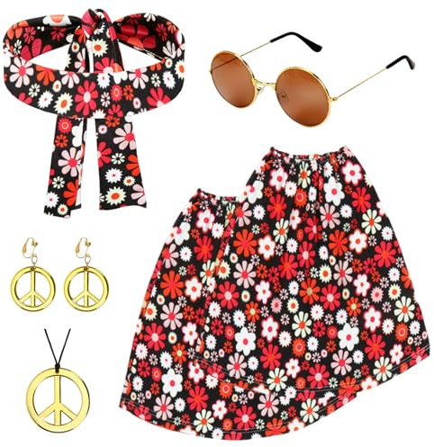 Capaneus Hippie Kostüm Damen Set, 60er 70er jahre Outfit Damen mit Stirnband Beinstulpen Zeichen Halskette Ohrringe Sonnenbrille Hippie Accessoires für 60s 70s Motto Party Karneval Halloween Kostüm