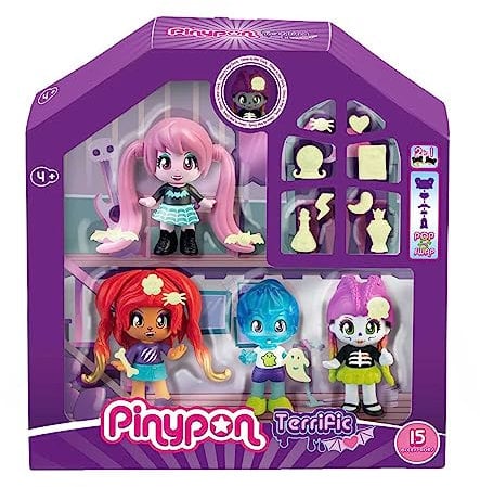 Pinypon - Terrific Friends, 4er-Pack Vampir-Figuren, Werwölfin, Skelettmädchen und Geisterjunge, Puppen mit Dekorationen und Accessoires, die im Dunkeln leuchten, +4 Jahre, Berühmt (PNY47000)