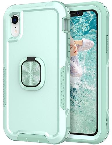 Knoowcase for iPhone XR Case Shockproof iPhone XR Phone Case with Ring Military Grade Full Protective TPU Bumper Hard PC Back Cover Built-in Magnetic Kickstand Car Mount Case, Green
