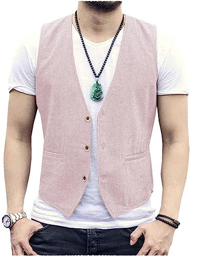 Tiavllya Gilet da uomo senza maniche in cotone e lino casual Gilet da spiaggia estivo slim fit tinta unita a 3 bottoni(S, Rosa)