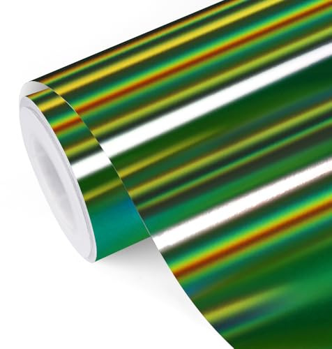 TECKWRAP Holografisches Chrom, blasenfrei, selbstklebendes Vinyl, permanent, holografisches Vinyl mit Luftkanälen, 0,3 m x 1,5 m, für DIY Handwerk Aufkleber, Oliv, (TM-KZT-HCH25G-1x5ft)