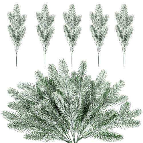 MAINOSHY 20 aghi di pino artificiali innevati, rami di pino smerigliato, ramoscelli in finto abete, per ghirlande fai da te, decorazioni natalizie e decorazioni per il giardino della casa