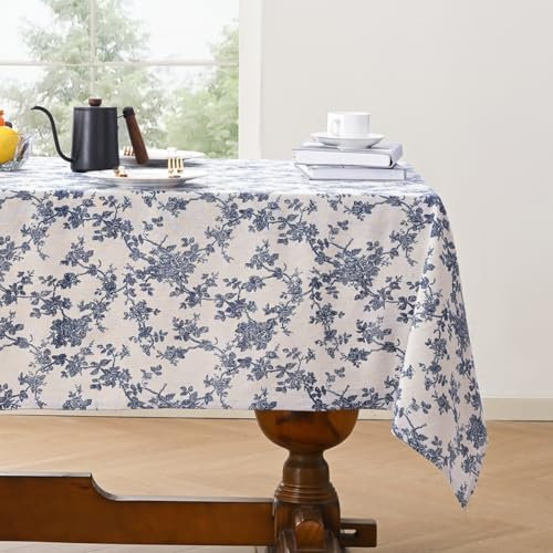 Aoztio Rustikale Blume Drucken Rechteckig Tischdecke, Maschine waschbar Baumwolle Leinen Tischdecke, Indoor Outdoor Vintage Tischdecken für den täglichen Gebrauch - Blaue Blume, 140 × 220cm