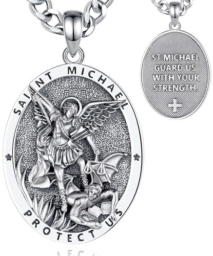 INFUSEU Saint Michael Kette, 925 Sterling Silber Heidnische Medaille Schutzpatron Anhänger Christlicher Religiöser Engelsglaube Schutz Schmuck Amulett Geschenke für Männer Frauen