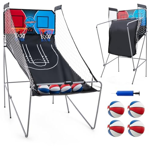 COSTWAY 8 in 1 Basketballautomat, elektrischer Baskeltballständer klappbar, Schießmaschine mit 4 Bällen, 8 Spielmodi, Luftpumpe für 2 Spieler, Arcade Basketballspiel für Kinder Erwachsene (Rot)