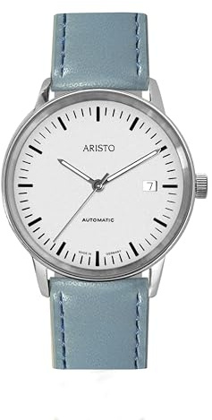 Aristo Unisex Bauhaus Automatik Armbanduhr - Light Blue farbendes Lederarmband und poliertem silberweißem Edelstahl Ziffernblatt mit Front aus Mineralglas - Made in Germany