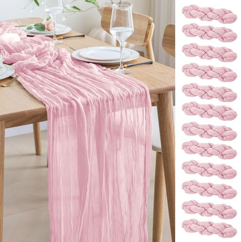 Asee'm 12PCS Tischläufer Käsetuch 300 x 90cm Hell Rosa Boho Transparente Läufer Tisch Hochzeit Gaze Stoff Rustikale Käse Tuch für Braut Dusche Party