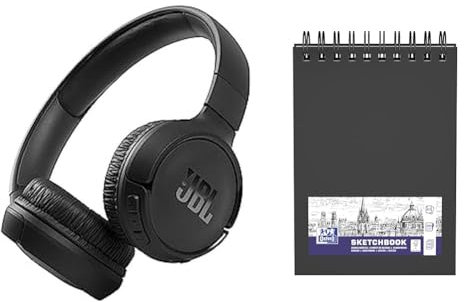 JBL Tune 510BT – Bluetooth Over-Ear Kopfhörer in Schwarz – Faltbare Headphones & Oxford Skizzenbuch 1 Stück A5 50 Blatt 100gr Doppelspirale Hardcover schwarz