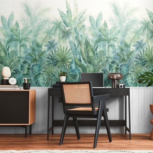 Tropical Plants and Wood Slats 2 in 1 Vinyl Wallpaper – Textured Wood Slats Wallpaper – Modern Wallpaper for Living Room & Bedroom – Decorative Luxury Wallpaper – Green and White