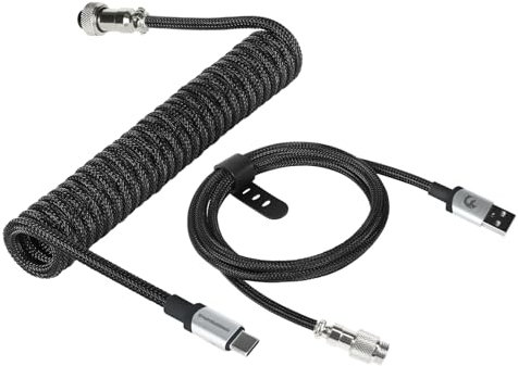 MAMBASNAKE C01Pro Cavo USB C a Spirale per Tastiera da Gioco, Cavo a Spirale Tastiera, Nylon Braided Coiled Cable USB C per Tastiera Meccanica, Type-C a USB-A, Connettore Aviazione Staccabile-Nero