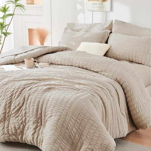 Luofanfei Seersucker Bettwäsche 200x220 Beige Khaki Sommer Gestreift Einfarbig Wende Bettwäsche Set Microfaser Atmungsaktiv Leicht Bettbezug Doppelbett und Kissenbezüge 80x80 cm mit Reissverschluss
