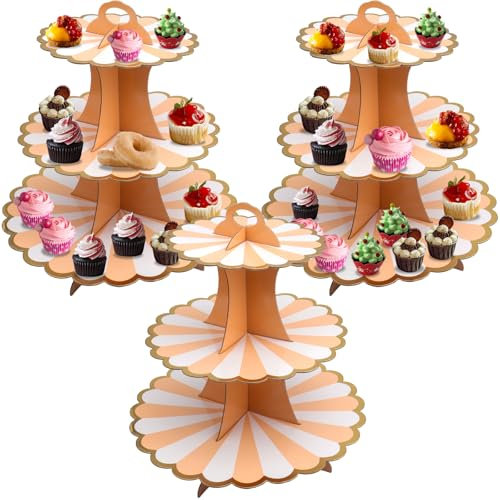 Roellgs 3 Pack Round Cardboard Cupcake Stand, 3-Tier Silver Cupcake Holder Dessert Tower for 24 Cupcakes, Perfect for Wedding, Birthday Party, Baby Shower and Graduation (Plum Pink)