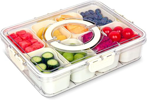 1 Pack Snackle Box, Divided Snack Tray with Lid and Handle, Tray 8 Removable Compartment Box, Reusable Snack Boxes for, Spices, Candy, Fruits, Nuts, Chips and Dip