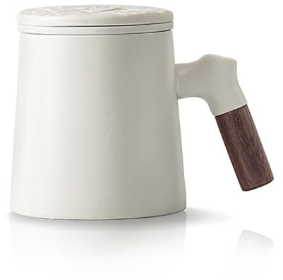 fanquare Tazas de Té de Cerámica Grandes Taza de Té Blanca con Infusor Tapa Asa de Madera Taza Mate para Infusionar Té de Hojas Sueltas Casa 340ML