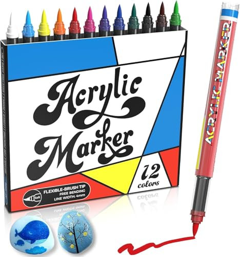 Risiours Acrylic Paint Markers-12 Farben Vielseitiger Steine Bemalen Stifte für Rock Malerei, Keramik, Glas, Holz, Leinwand, Metall, DIY Acrylstifte Wasserfest