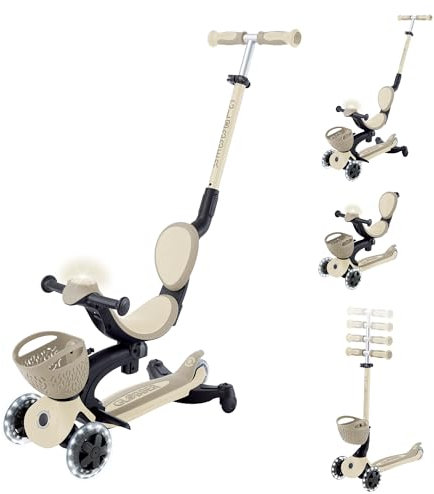 Globber - GO•UP Baby 360 Lights – Skalierbarer Tretroller, 3 Räder mit Sitz und Rückenlehne, für Kinder von 15 Monaten bis 6 Jahren, Taupe