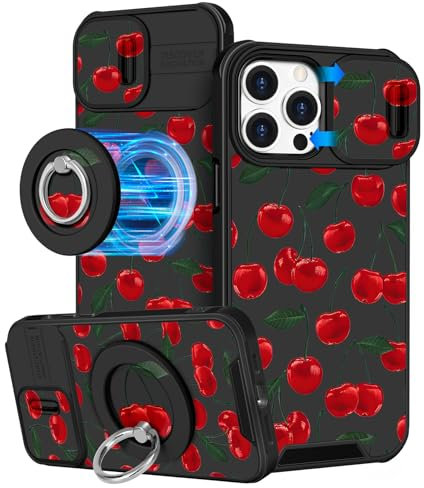 VincitoreModa for iPhone 13 Pro Case Women - [2in1] Cute Girls Cherry Compatible with MagSafe Ring Stand Girly Slide Camera Cover Design for Apple for iPhone 13 Pro Phone Case 6.1
