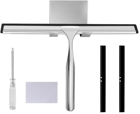 QINGYIWL 25.6 cm Raclette de Douche, Raclette Salle de Bain avec 2 Lèvre de Rechange et 1 Crochet, Raclette Douche en Acier Inoxydable pour Verre, Miroirs, Carreaux et Fenêtres