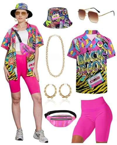 Ginkago 80er 90er Jahre Kostüm Damen 80er Jahre Outfit Set mit Hawaii Shirt 80s Leggings Retro Fischerhüte Gläser Ohrringe Halskette Bauchtasche karneval Party Kostüm (Rosa, M)