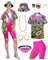 Ginkago 80er 90er Jahre Kostüm Damen 80er Jahre Outfit Set mit Hawaii Shirt 80s Leggings Retro Fischerhüte Gläser Ohrringe Halskette Bauchtasche karneval Party Kostüm (Rosa, M)