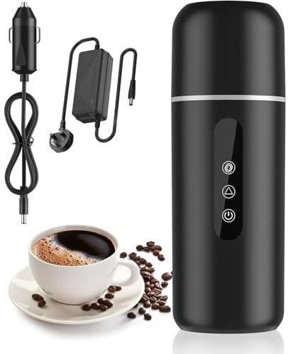 Car Electric Kettle, 420ml 12V/24V Portable Water Boiler Cup with Temperature Adjustable, 304 Stainless Steel Liner and Auto Shut-Off, Built-in Magnetic Induction Stirring with AC Adapter (Black)
