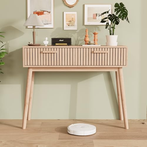 FOERPL Console Meuble,Table d'entrée étroite avec 2 Tiroirs -100 x 35 x 80cm Console de Entrée Bois, Table Consol Style Scandinave pour Couloir, Salon,Bureau