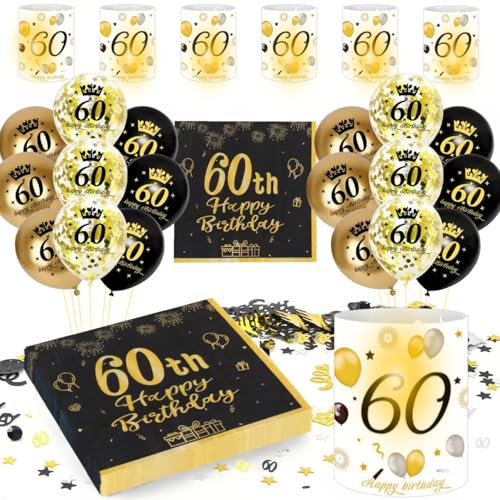 60th Birthday Woman Men, Napkins + Lantern Table Decoration + Confetti Decoration + Black and Gold Balloon, Gift (Birthday Decorations 60 Years)