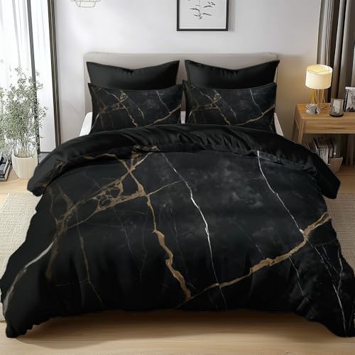 Generisch Bettwäsche 135x200cm Schwarzer Marmor Polyester Baumwolle Bettbezug Set, Weich Bügelfrei Bettwäsche-Sets für Kinder Junge Mädchen Zimmer Dekoration, mit Kissenbezüge