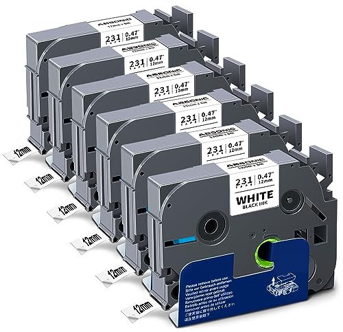6x Absonic Schriftband Kompatibel für Brother P-touch Bänder 12mm TZe-231 TZe Etikettenband für Brother Beschriftungsgerät PT-1010 H105 D600 H100R H110 H101C H100LB H200 D400, Schwarz auf Weiß