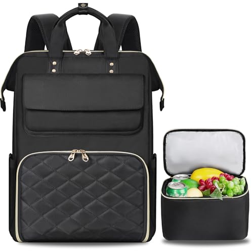 BERTASCHE Lunch Backpack for Women, Laptop Backpack with Lunch Compartment | 17.3 Inch Work Rucksack with Insulated Cooler Lunch Bag, College Backpack for Teacher Nurse Office Travel Picnic, Black