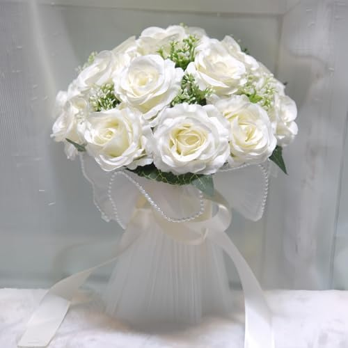 XIZHI Bridal Wedding Bouquets - Champagne Artificial Roses - Bridesmaid Decoration - For Wedding, Valentine's Day, Party, Prom (White)