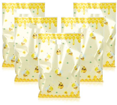 Mikzhskr 25 x Bienen-Partytüten mit Griffen, Kunststoff, wasserdicht, für Leckereien, Süßigkeiten, Snacks, Beutel, Gelb, Geschenkpackung für Honigbienen-Thema, Geburtstagsparty, Dekoration, Honig