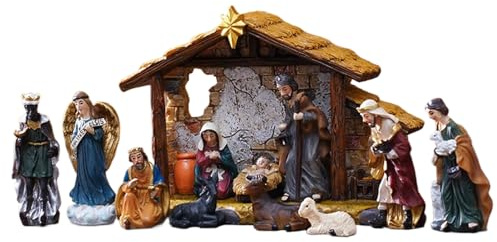 Rechory Nativity Set Indoor | Christmas Manger Decoration | Classic Christmas Manger Nativity Figurine Set for Mantle, Fireplace, Workplace, Retail, Dining Table, Bookshelf, Entryway, Windowsill