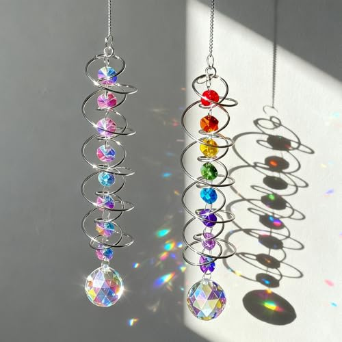 Tarqite 2 Stück Sonnenfänger Windspiel, 45/52cm Kristall Windspiele Hängend, Suncatcher & Lichtfänger, Dekorative Bunt Doppelspirale Sonnenfänger mit Kugel-Spiralschwanz für Fenster Haus Garten
