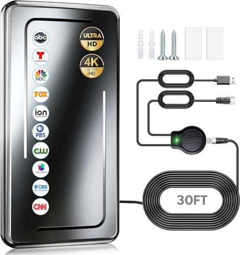 2025 Upgraded TV Antenna Indoor, 1900+ Miles Range Digital Antenna for Smart TV Indoor, HDTV Antenna for Local Channels with Amplifier Signal Booster, Support 8K 4K 1080p - 30ft Coax Cable