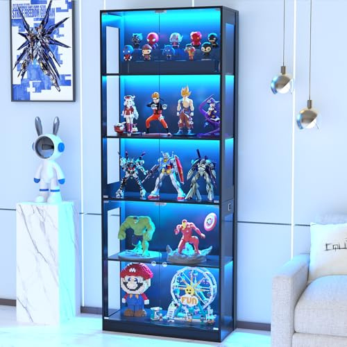 VOWNER 80 Space-Saving Display Cabinet with Glass Doors, 5 Tiers, Black | Human Body Sensor, 3-Color LED Lighting, Large Storage Showcase Cabinet, For Figures/Lego/Models, For Living Room